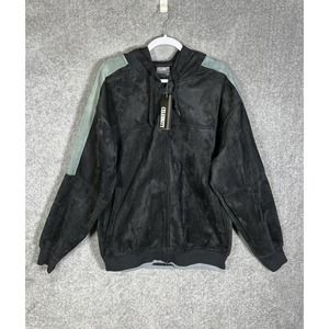 Celebrity Faux Suede Hooded Full Zip Jacket Mens Size XL Black Gray Pockets Hood